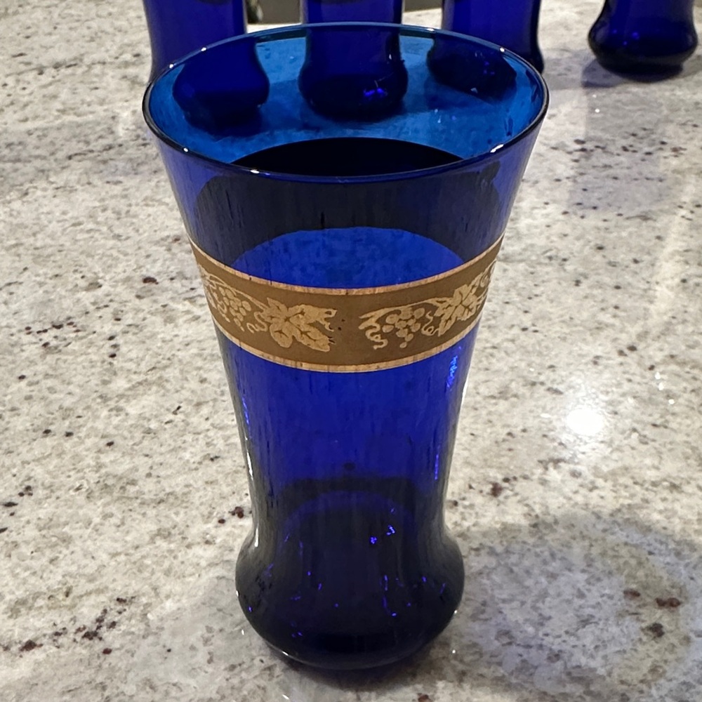 Elegant Antique Blue Glass Vase with Gold Accent